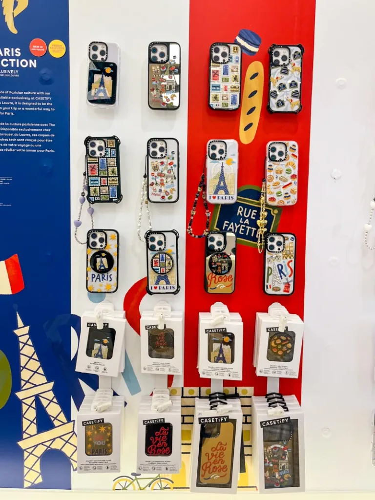 cute paris-themed phone cases on display at casetify in paris