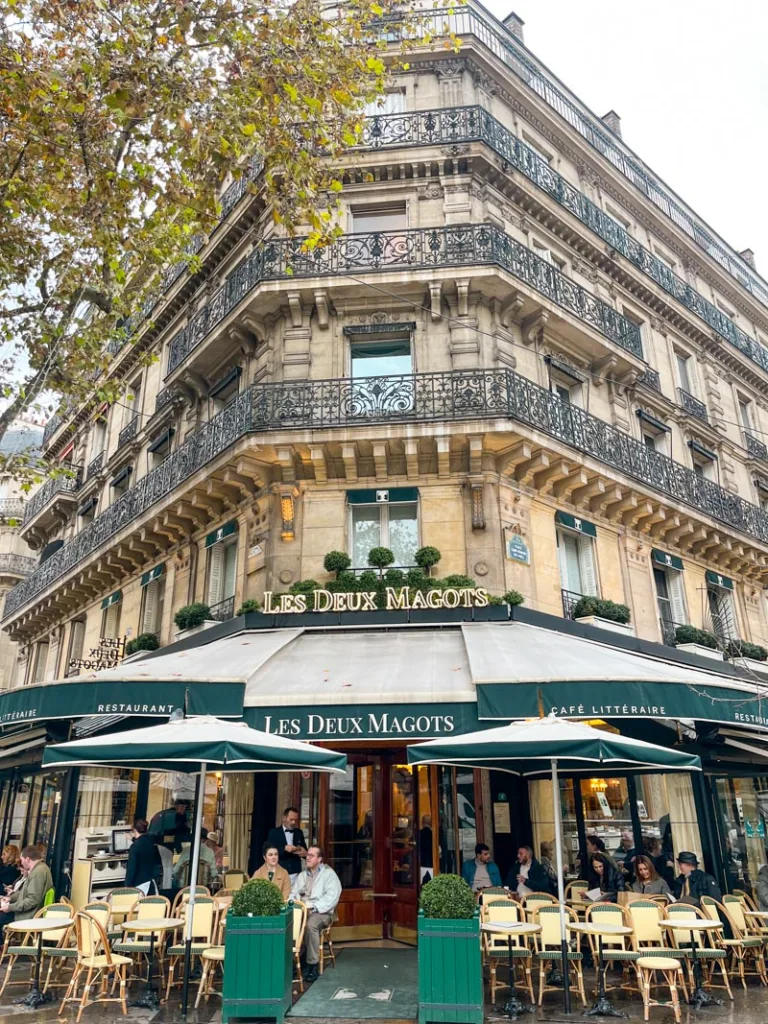 classic facade of les deux magots cafe in saint germain des pres in paris
