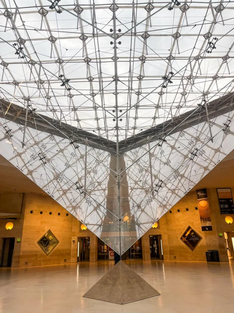 the underground view of the inverted louvre pyramid in paris
