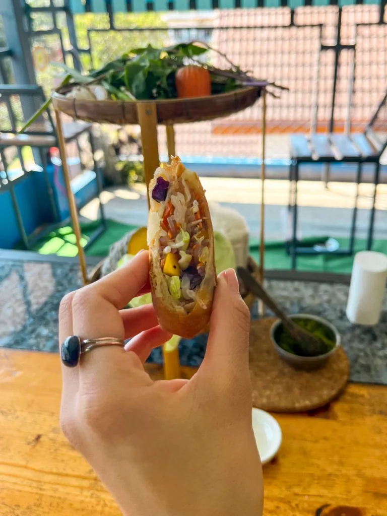 hand holding a cut-up spring roll at a cooking class in koh tao, thailand