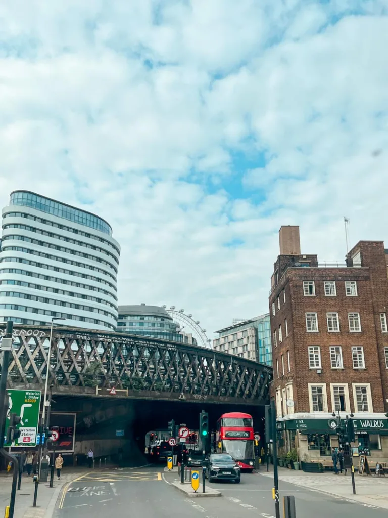 the london eye peeking behind buildings in south bank, london